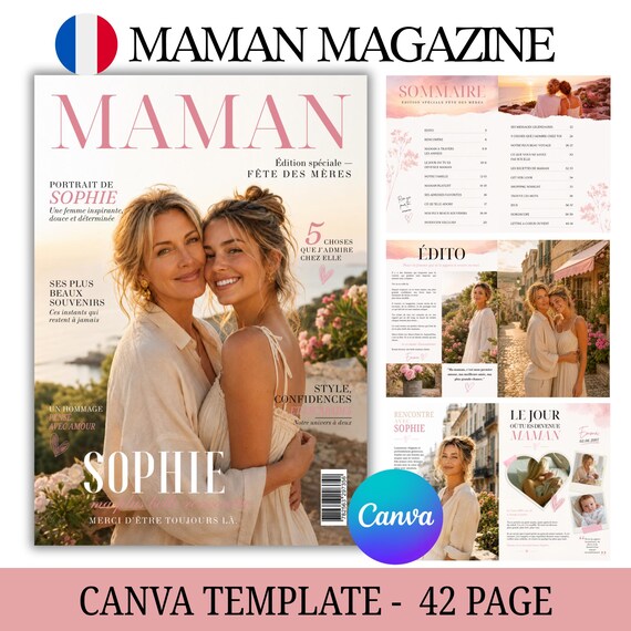 Modèle magazine maman personnalisé – Canva template éditable – Cadeau fête des mères unique – Magazine souvenir anniversaire maman