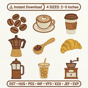 Coffee Lover Embroidery Design Bundle, 9 Cafe Icons Machine Embroidery File, 4 Sizes, PES DST