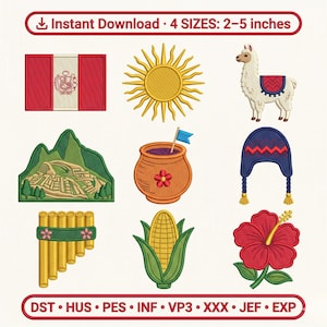 May include: A collection of nine machine embroidery designs featuring the Peruvian flag, a yellow sun, a white llama, Machu Picchu, a clay pot with a blue flag, a blue chullo hat, a pan flute, an ear of corn, and a red hibiscus flower.