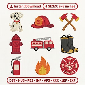 May include: A digital embroidery design set featuring a Dalmatian puppy, a red fire helmet with the number 5, crossed axes, a red fire hydrant, a fire truck, black boots, a fire extinguisher, a flame, and a fire badge in 4 sizes: 2-5 inches.