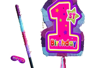 Piñata para primer cumpleaños de niña, temática multicolor, primera fiesta, estrella, número uno, juego de aplastamiento, venda para los ojos, suministros para bebé, decoraciones grandes rosas, Reino Unido