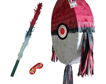 Red and White Pinata round party fun smashing game with stick blindfold GO birthday theme unique supplies video games