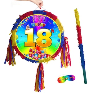 18th Birthday Pinata Piñata Party Round theme piñata supplies happy eighteen blindfold stick rainbow smash game BOY GIRL kids fun favours