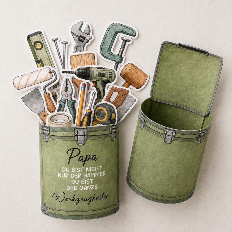 May include: Two olive green toolboxes with silver hardware, one open and one closed, overflowing with tool cutouts. The open toolbox has a variety of tools, including a level, wrench, drill, and tape measure. Text on the front of the toolbox reads "Papa".