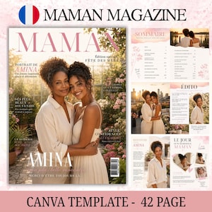 Puede incluir: Una portada de revista "MAMAN MAGAZINE" con la palabra "MAMA" en letras rosas grandes. La portada presenta a dos mujeres abraz&aacute;ndose. La revista incluye art&iacute;culos sobre Amina, estilo y recuerdos. La plantilla es de 42 p&aacute;ginas.