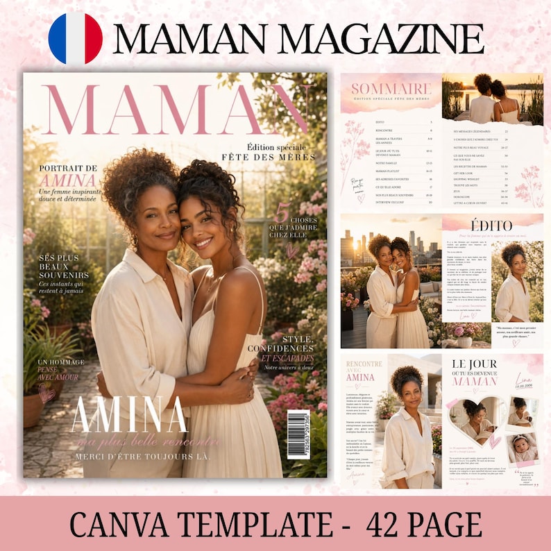 Puede incluir: Una portada de revista "MAMAN MAGAZINE" con la palabra "MAMA" en letras rosas grandes. La portada presenta a dos mujeres abraz&aacute;ndose. La revista incluye art&iacute;culos sobre Amina, estilo y recuerdos. La plantilla es de 42 p&aacute;ginas.