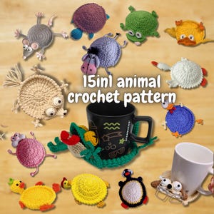May include: A selection of brightly coloured, crocheted animal coasters, such as a mouse, turtle, sheep, duck, and penguin. The image also shows a black mug and a white mug, with the text "15 in 1 animal crochet pattern".