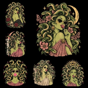 Könnte beinhalten: Eine Sammlung von sechs grafischen Illustrationen einer grünhäutigen Figur mit Schlangen als Haaren, die eine Sonnenbrille trägt und einen Lutscher isst. Die Kunstwerke zeigen florale Akzente, Motten, Mondsicheln und klassische Säulen auf schwarzem Grund.