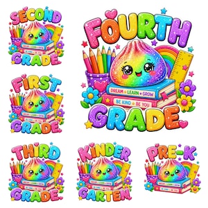 Glitter Dumpling Back to School PNG Bundle, Kawaii School Shirt Design, Pre-K Kindergarten to Fourth Grade Sublimation Download