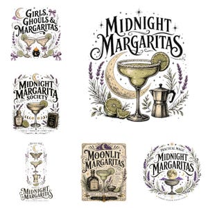 以下が含まれることがあります： Midnight Margaritas、Girls, Ghouls & Margaritas、Midnight Margarita Society、Moonlit Margaritas、Practical Magicのテキストが描かれた6つのグラフィックイラスト集。マルガリータ、ライム、月、コーヒーポットがデザインされています。