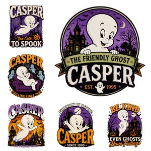 May include: A collection of six graphic designs featuring Casper the Friendly Ghost in various scenes with purple, orange, and black color palettes. The designs include text such as CASPER, TOO CUTE TO SPOOK, CHILLING SINCE 1995, and BE KIND EVEN GHOSTS HAVE FEELINGS, set against haunted house and graveyard backgrounds.