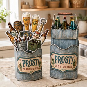 May include: Two galvanized metal beer caddies with a rustic design. One holds beer bottles and beer-themed cutouts, the other holds beer bottles. Both feature the word "PROST!" and the phrase "DU BIST DER BESTE".