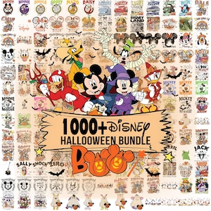 May include: A digital collection of over 1000 Disney Halloween-themed graphic designs featuring various characters like Mickey, Minnie, Donald, and Goofy in costumes. The central banner displays the text 1000+ Disney HALLOWEEN BUNDLE BOO.