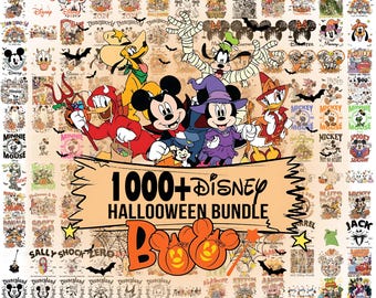 May include: A digital collection of over 1000 Disney Halloween-themed graphic designs featuring various characters like Mickey, Minnie, Donald, and Goofy in costumes. The central banner displays the text 1000+ Disney HALLOWEEN BUNDLE BOO.