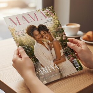 Puede incluir: Una persona sostiene una revista "MAMA". La portada muestra a dos mujeres abraz&aacute;ndose, con el nombre "AMINA". La edici&oacute;n especial de la revista es para el D&iacute;a de la Madre.