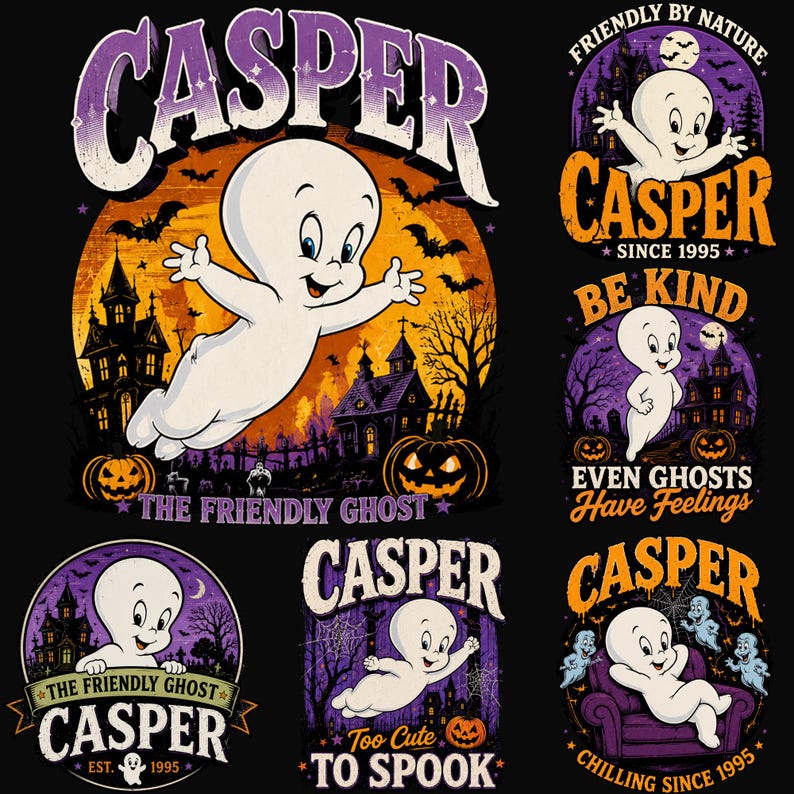 May include: A collection of six graphic designs featuring Casper the Friendly Ghost. The illustrations include various scenes with a haunted house, pumpkins, bats, and text such as Casper, Friendly by Nature, Be Kind, and Chilling Since 1995.