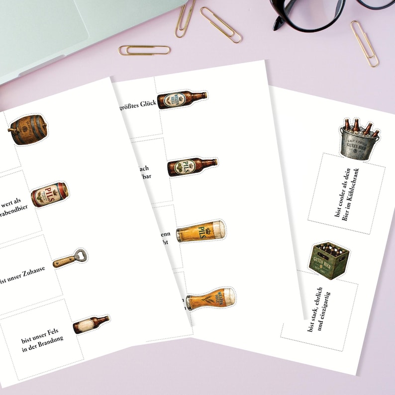 May include: A collection of beer-themed stickers featuring various beer bottles, a wooden barrel, and a bottle opener. The stickers include text in German, such as "Pils" and "Gutes Bier."