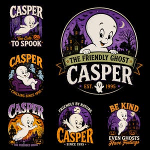 May include: A collection of six graphic designs featuring Casper the Friendly Ghost. Each illustration displays the character in various poses against purple and orange backgrounds with haunted houses, pumpkins, bats, and text like Casper, Too Cute To Spook, Chilling Since 1995, The Friendly Ghost, Friendly By Nature, and Be Kind Even Ghosts Have Feelings.
