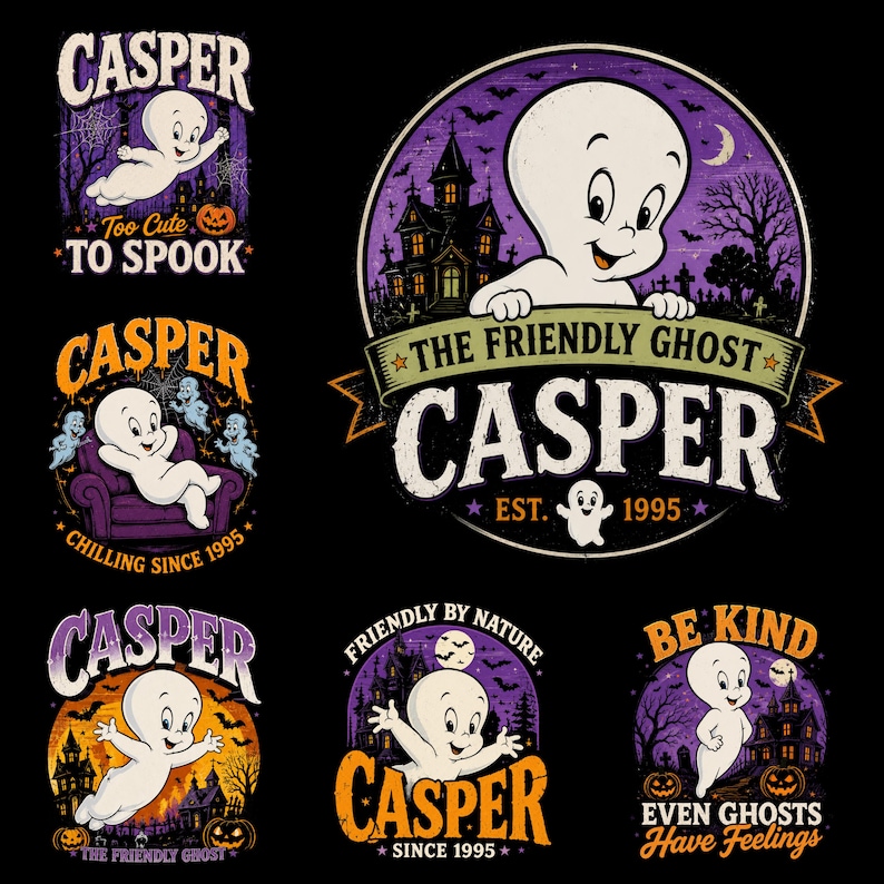 May include: A collection of six graphic designs featuring Casper the Friendly Ghost. Each illustration displays the character in various poses against purple and orange backgrounds with haunted houses, pumpkins, bats, and text like Casper, Too Cute To Spook, Chilling Since 1995, The Friendly Ghost, Friendly By Nature, and Be Kind Even Ghosts Have Feelings.