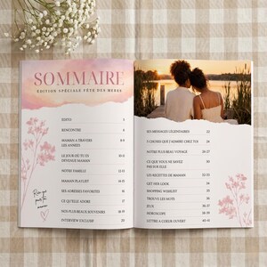 Puede incluir: Una revista con un dise&ntilde;o floral rosa y blanco. La portada presenta la palabra "SOMMAIRE" y el texto "&Eacute;DITION SP&Eacute;CIALE F&Ecirc;TE DES M&Egrave;RES". En el interior, hay art&iacute;culos con t&iacute;tulos como "MAMAN A TRAVERS LES ANNEES" y "NOTRE PLUS BEAU VOYAGE".