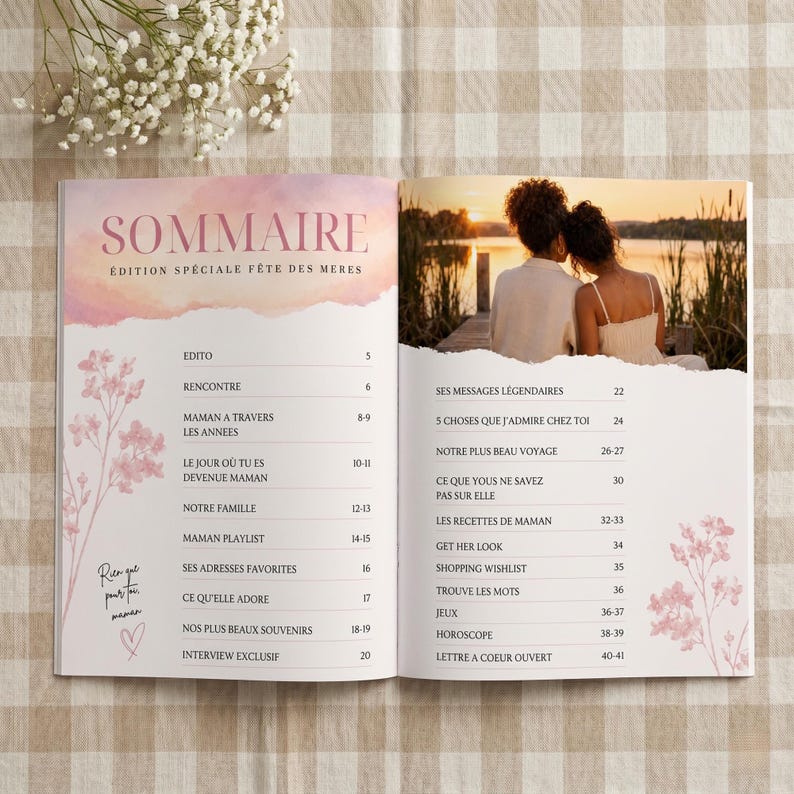 Puede incluir: Una revista con un dise&ntilde;o floral rosa y blanco. La portada presenta la palabra "SOMMAIRE" y el texto "&Eacute;DITION SP&Eacute;CIALE F&Ecirc;TE DES M&Egrave;RES". En el interior, hay art&iacute;culos con t&iacute;tulos como "MAMAN A TRAVERS LES ANNEES" y "NOTRE PLUS BEAU VOYAGE".