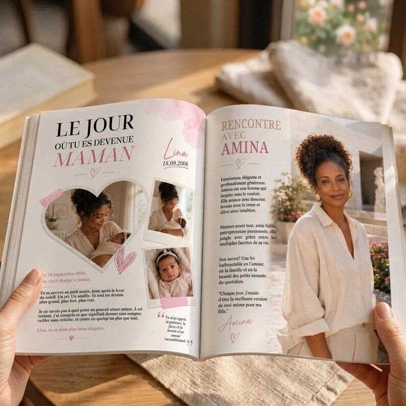 Puede incluir: Una revista abierta muestra un reportaje fotogr&aacute;fico. La p&aacute;gina izquierda presenta el titular "LE JOUR O&Ugrave; TU ES DEVENUE MAMAN" y fotos de beb&eacute;s. La p&aacute;gina derecha muestra el titular "RENCONTRE AVEC AMINA" y un retrato de mujer.