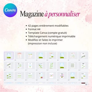 May include: A digital magazine template with the text "Magazine &agrave; personnaliser" and Canva branding. The template includes 42 editable pages in A4 format, downloadable for printing. A preview of various page layouts is displayed.