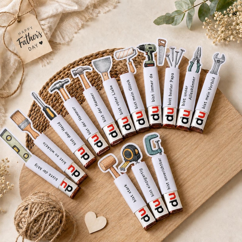 May include: A collection of decorative tools with the text "Happy Father's Day" on a tag. The tools include a hammer, screwdriver, level, and more. Each tool has a white label with German text and the word "du".