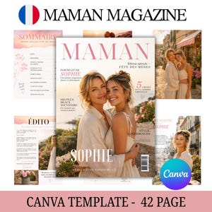 May include: A magazine cover with the title "MAMAN MAGAZINE" and the French flag. The cover features two women embracing, with the name "SOPHIE" prominently displayed. Additional pages and text are visible.