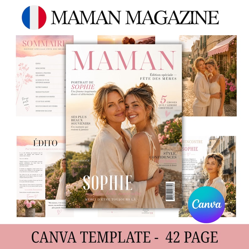 May include: A magazine cover with the title "MAMAN MAGAZINE" and the French flag. The cover features two women embracing, with the name "SOPHIE" prominently displayed. Additional pages and text are visible.