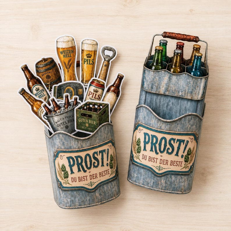 May include: Two galvanized metal beer caddies with the word "PROST!" and "DU BIST DER BESTE" on the front. One caddy holds beer bottles and glasses, the other holds bottles and a small wooden crate of beer. The caddies have a rustic, vintage look.