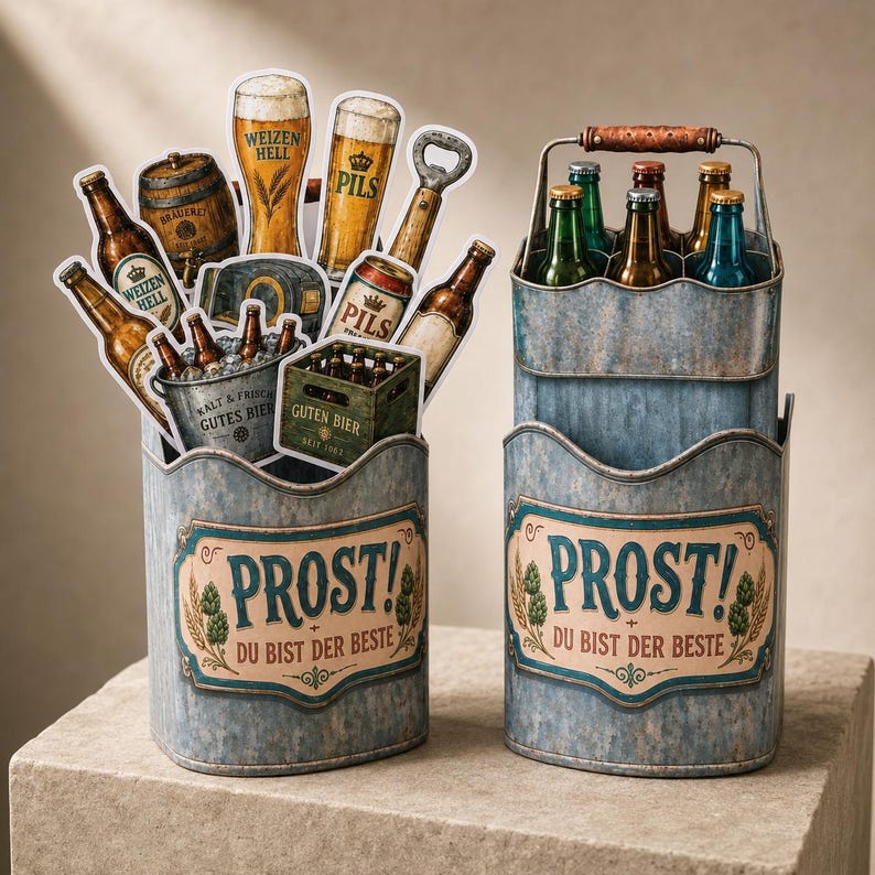 May include: Two galvanized metal beer caddies with the word "PROST!" and "DU BIST DER BESTE" printed on them. One caddy holds beer bottles and the other holds beer-themed cutouts, including beer bottles, glasses, and a barrel.