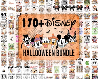 May include: A digital collection of over 170 Disney-themed Halloween graphic designs featuring various characters like Mickey Mouse, Minnie Mouse, Donald Duck, Goofy, and Pluto in costumes, alongside text elements reading 170+ Disney HALLOWEEN BUNDLE.