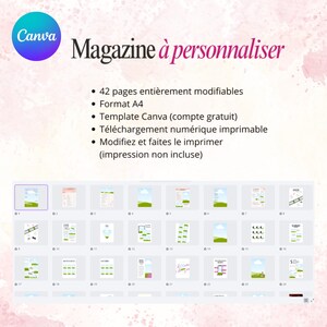 May include: A digital magazine template with the text "Magazine &agrave; personnaliser" and Canva branding. The template includes 42 editable pages in A4 format, downloadable for printing. A preview of the magazine layouts is shown.