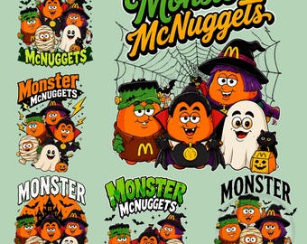 May include: A collection of Monster McNuggets graphic designs featuring orange nugget characters dressed as a vampire, witch, mummy, and ghost. The illustrations include spider webs, bats, and the text Monster McNuggets in various fonts and colors.