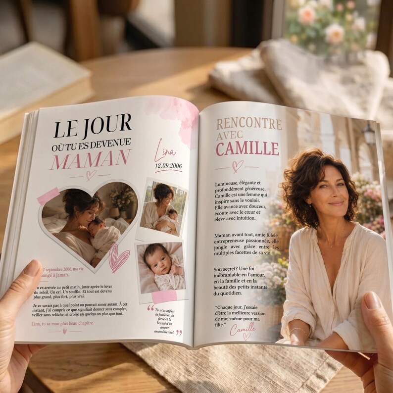 May include: Open magazine with the text "LE JOUR O&Ugrave; TU ES DEVENUE MAMAN" and photos of a mother and baby. The right page features a woman with the text "RENCONTRE AVEC CAMILLE". The magazine is held open by hands.