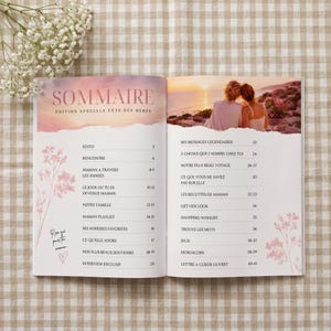 May include: Open magazine with a pink and white floral design. The cover reads "SOMMAIRE EDITION SPECIALE FETE DES MERES." Inside, various articles are listed, including "MAMAN A TRAVERS LES ANNEES" and "NOTRE PLUS BEAU VOYAGE."