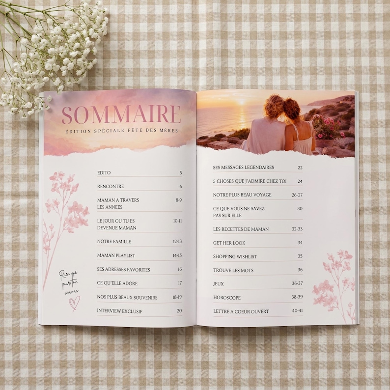May include: Open magazine with a pink and white floral design. The cover reads "SOMMAIRE EDITION SPECIALE FETE DES MERES." Inside, various articles are listed, including "MAMAN A TRAVERS LES ANNEES" and "NOTRE PLUS BEAU VOYAGE."