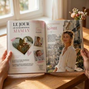 May include: A photo album open to a spread with the text "LE JOUR O&Ugrave; TU ES DEVENUE MAMAN" and "RENCONTRE AVEC SOPHIE." The left page has photos of a mother and baby. The right page features a woman in a white top.