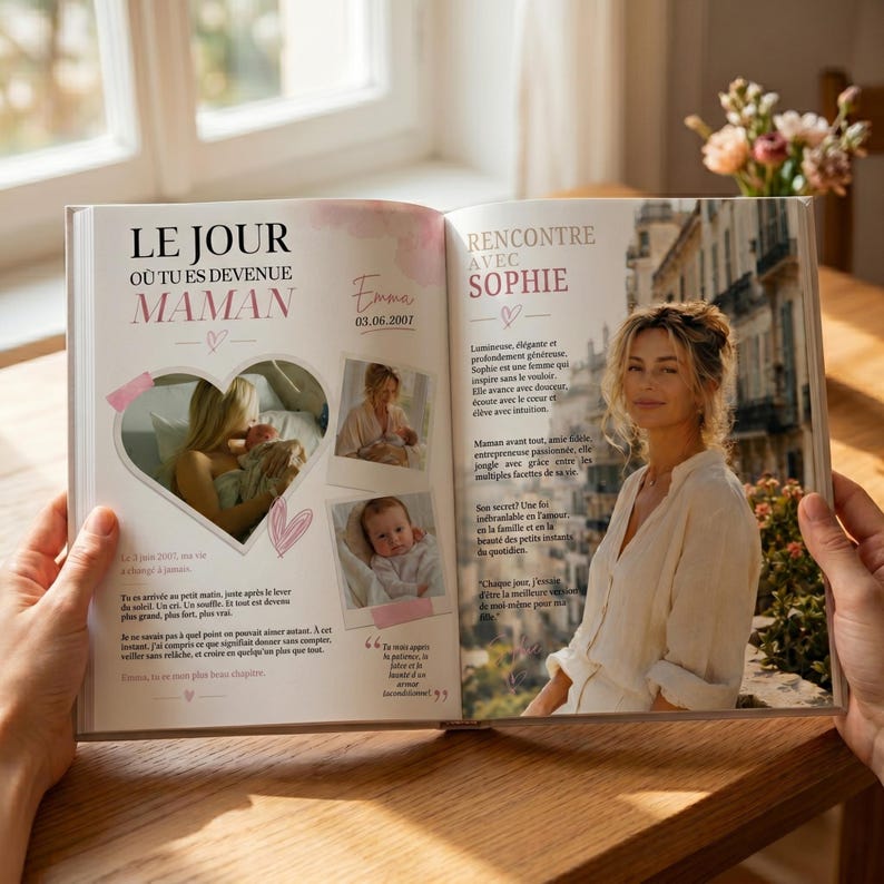 May include: A photo album open to a spread with the text "LE JOUR O&Ugrave; TU ES DEVENUE MAMAN" and "RENCONTRE AVEC SOPHIE." The left page has photos of a mother and baby. The right page features a woman in a white top.