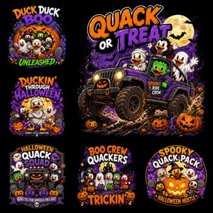 May include: A collection of six Halloween-themed graphic designs featuring cartoon ducks dressed in costumes. The illustrations include a purple off-road vehicle, pumpkins, ghosts, and text such as Quack or Treat, Duck Duck Boo, and Spooky Quack Pack.
