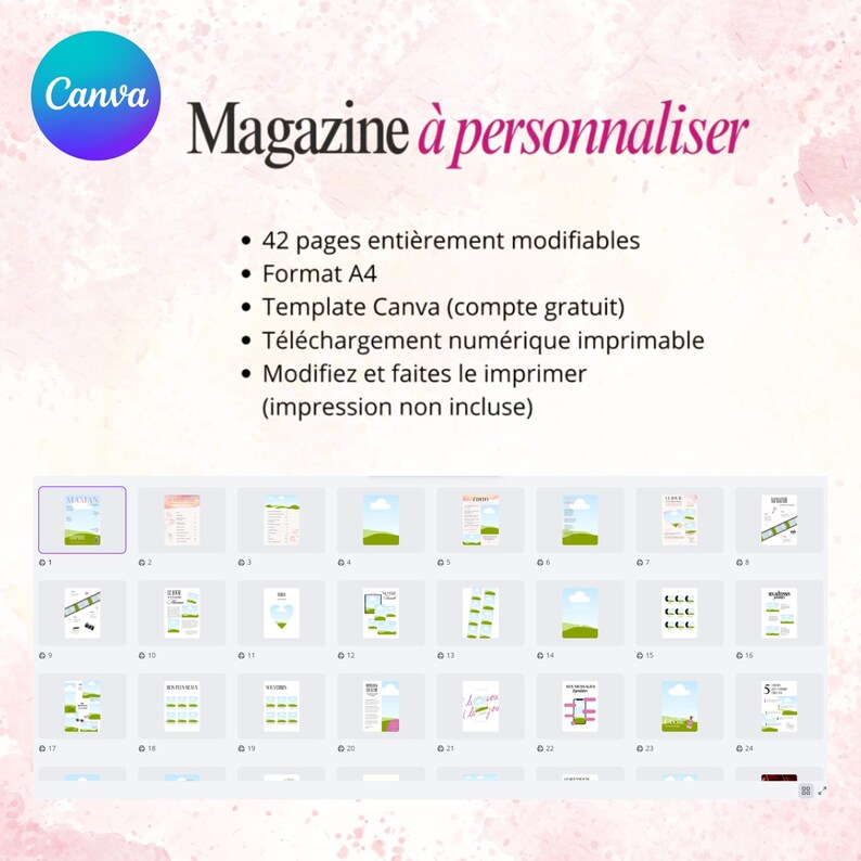 Puede incluir: Una plantilla de revista digital con el texto "Magazine &agrave; personnaliser" y la marca Canva. La plantilla incluye 42 p&aacute;ginas editables en formato A4, descargables para imprimir. Se muestra una vista previa de varios dise&ntilde;os de p&aacute;gina.