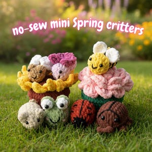 May include: A collection of handmade, no-sew mini Spring critters, including a bee, ladybug, frog, and other creatures. The critters are made of soft yarn in various colors and are displayed on green grass. The text "no-sew mini Spring critters" is visible.