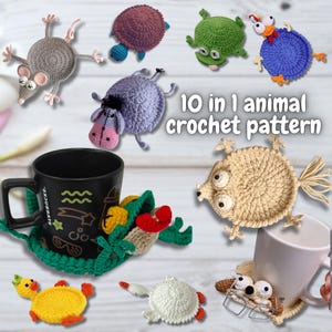 May include: A selection of ten handmade crochet animal coasters, featuring a mouse, turtle, frog, and dog. The coasters are in various colours and designs, with the text "10 in 1 animal crochet pattern".