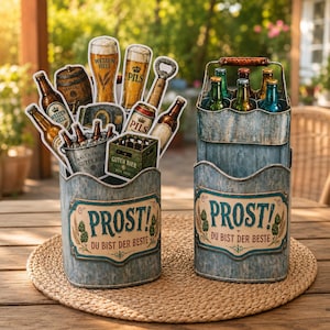 May include: Two galvanized metal beer caddies with a rustic design. One holds beer bottles and beer-themed cutouts, the other holds beer bottles in a carrier. The caddies have the text "PROST! DU BIST DER BESTE".