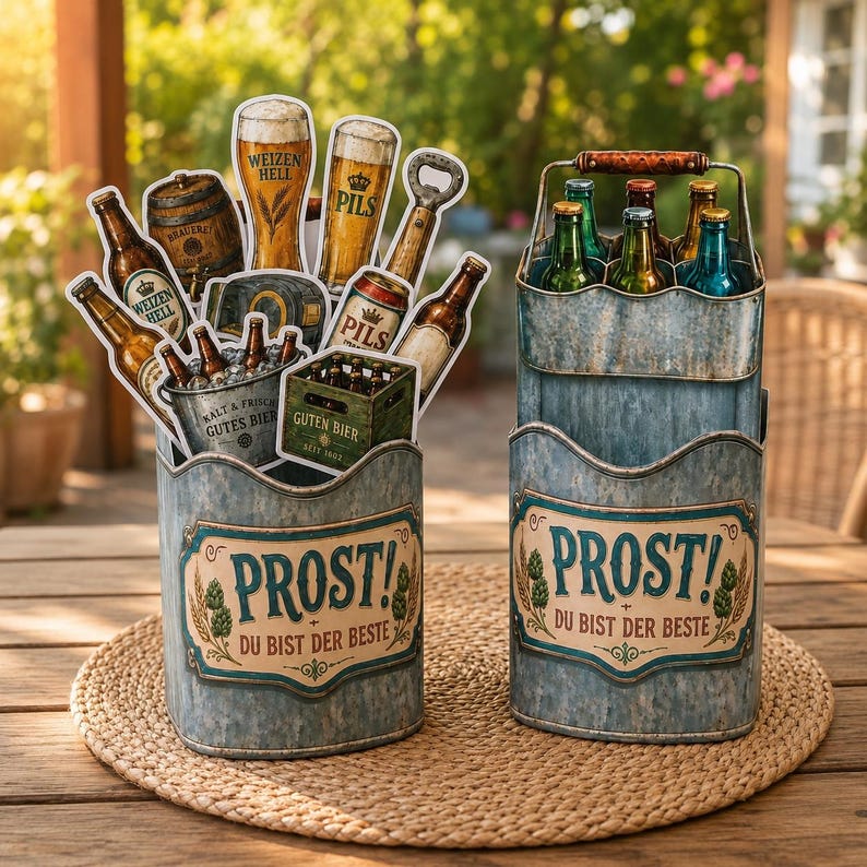 May include: Two galvanized metal beer caddies with a rustic design. One holds beer bottles and beer-themed cutouts, the other holds beer bottles in a carrier. The caddies have the text "PROST! DU BIST DER BESTE".