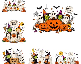 May include: A collection of Peanuts Halloween illustrations featuring characters dressed as ghosts and witches, pumpkins, bats, and spiders. Several scenes include speech bubbles with the text I GOT A ROCK, depicting trick-or-treating themes.
