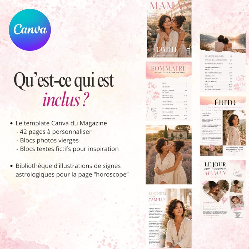 May include: A Canva magazine template with a pink and white floral design. The magazine includes 42 customizable pages, blank photo blocks, and fictional text blocks for inspiration. The magazine also features a library of astrological sign illustrations for the horoscope page.