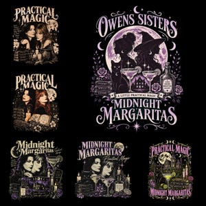 Może przedstawiać: Kolekcja projektów graficznych z tekstem Practical Magic i Midnight Margaritas. Ilustracje przedstawiają sylwetki dwóch kobiet, czarnego kota, pełnię księżyca, księgi z eliksirami, świece i kieliszki do margarity na czarnym tle.