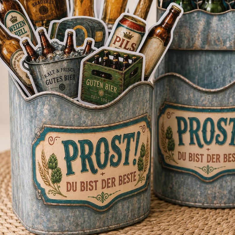 May include: Two galvanized metal containers with a blue and cream label that reads "PROST! DU BIST DER BESTE". The containers are filled with beer-themed cutouts, including bottles, cans, and crates.